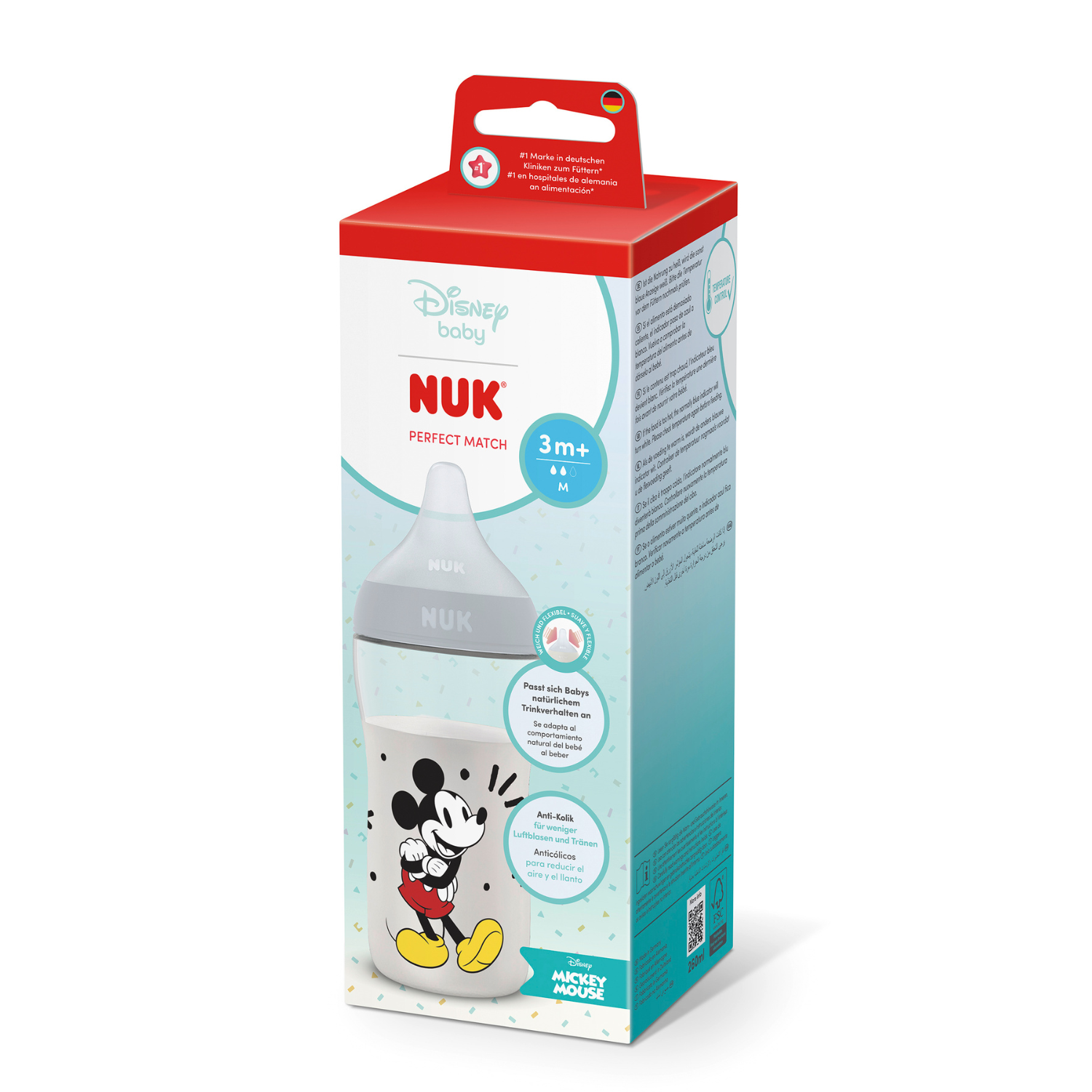 Biberon cu tetina din silicon flux M Perfect Match, Mickey, 3 luni+, 260 ml, Nuk