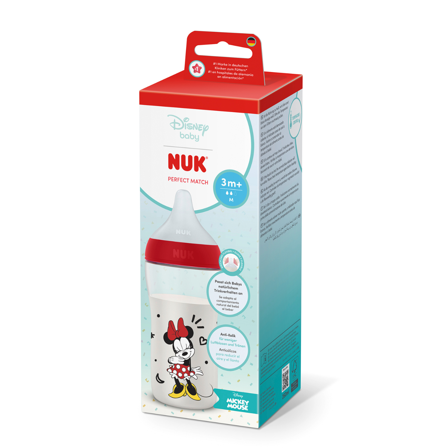 Biberon cu tetina din silicon flux M Perfect Match, Minnie, 3 luni+, 260 ml, Nuk