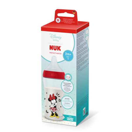 Biberon cu tetina din silicon flux M Perfect Match, Minnie, 3 luni+, 260 ml, Nuk
