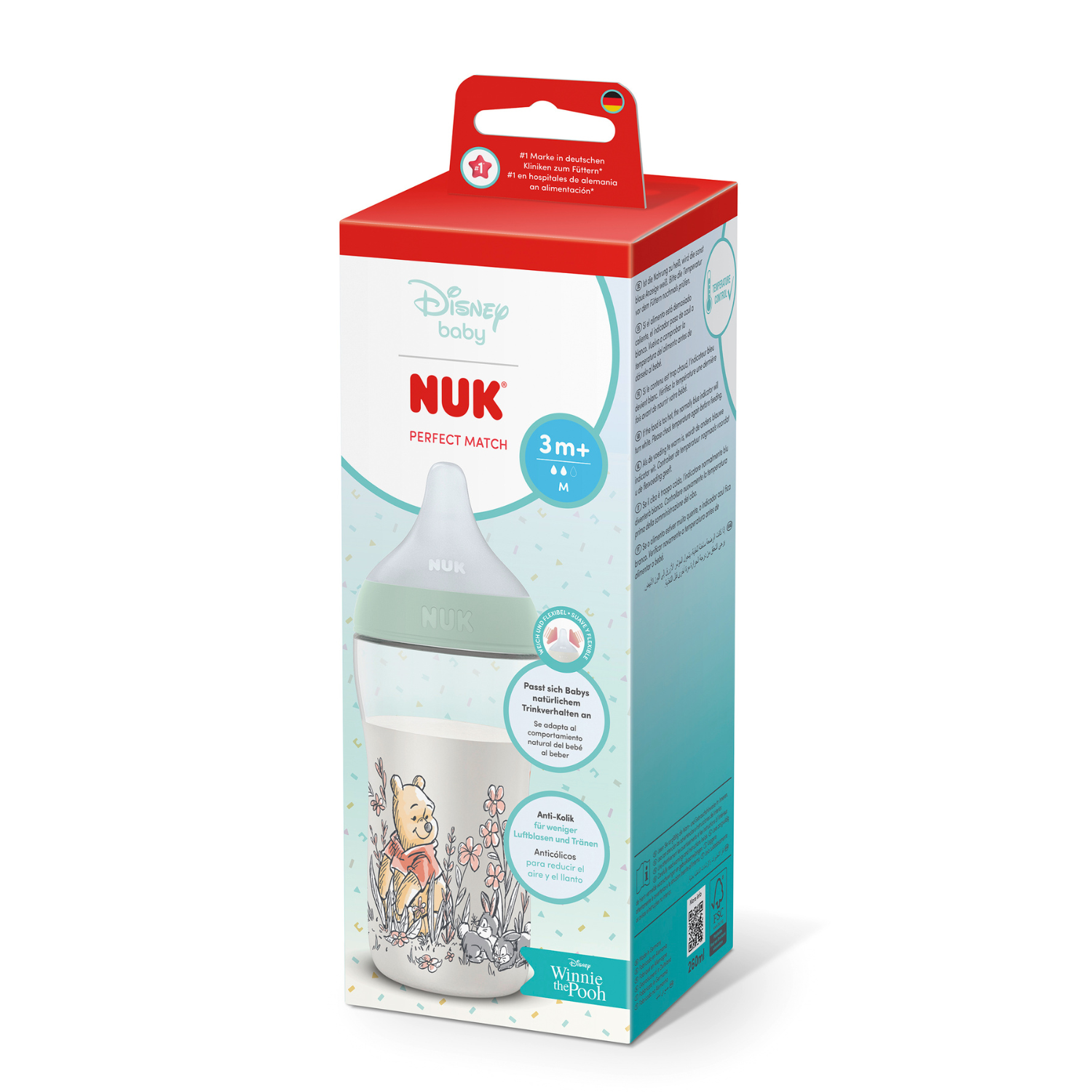 Biberon cu tetina din silicon flux M Perfect Match, Winnie, 3 luni+, 260 ml, Nuk