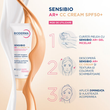 Crema CC pentru piele sensibila Sensibio AR+ CC Cream SPF50+, 40 ml, Bioderma 755138
