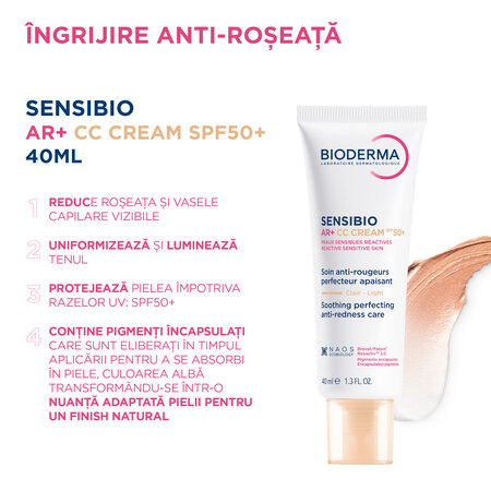 Crema CC pentru piele sensibila Sensibio AR+ CC Cream SPF50+, 40 ml, Bioderma 755137
