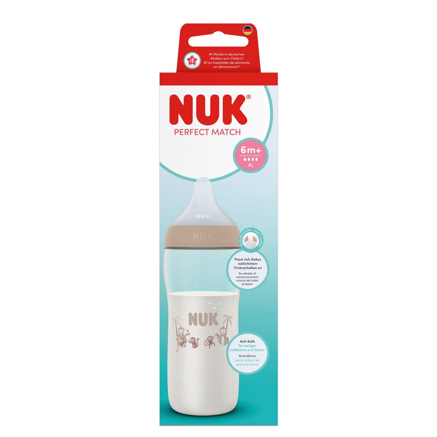 Biberon cu tetina din silicon flux XL Perfect Match, Bej, 6 luni+, 360 ml, Nuk