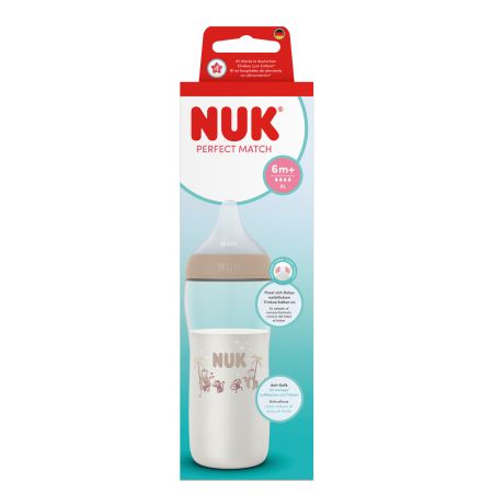 Biberon cu tetina din silicon flux XL Perfect Match, Bej, 6 luni+, 360 ml, Nuk