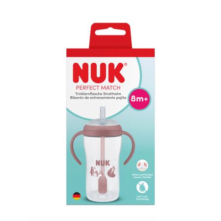 Cana de tranzitie cu toarte si pai Perfect Match, Roz, 260 ml, Nuk