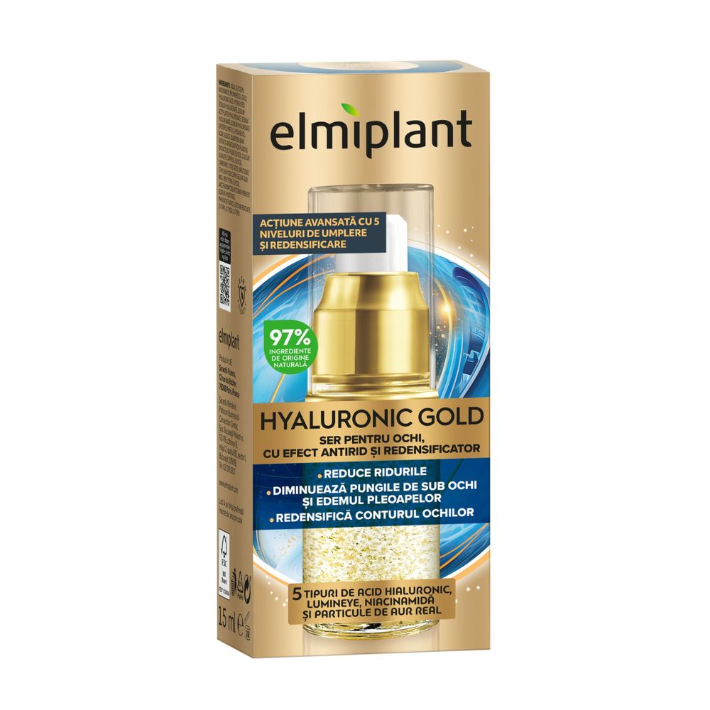 Ser cu efect antirid pentru ochi Hyaluronic Gold, 15 ml, Elmiplant