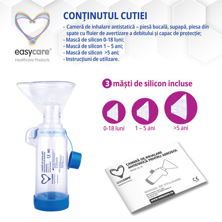 Camera de inhalare antistatica pentru aerosol cu 3 masti din silicon, Easycare 756256