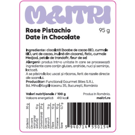 Curmala Medjool cu fistic si petale de trandafir invelita in ciocolata, 95 g, Maitri 756051