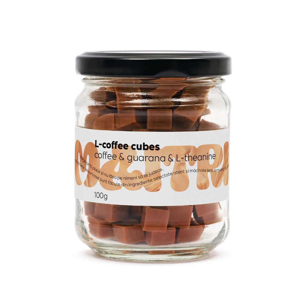 Cuburi de fudge cu cafea, guarana si L-theanina L-Coffee Cubes, 100 g, Maitri
