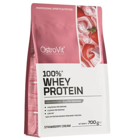 Proteina din zer cu aroma de capsuni Whey Protein Chocolate Strawberry Cream, 700 g, OstroVit