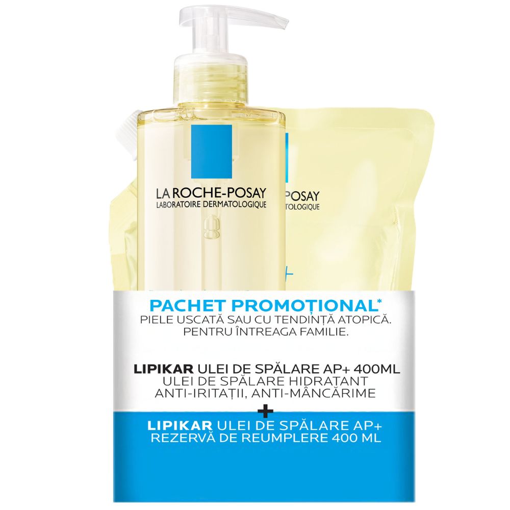 Pachet Ulei de spalare hidratant + rezerva Lipikar AP+, 2x400 ml, La Roche Posay
