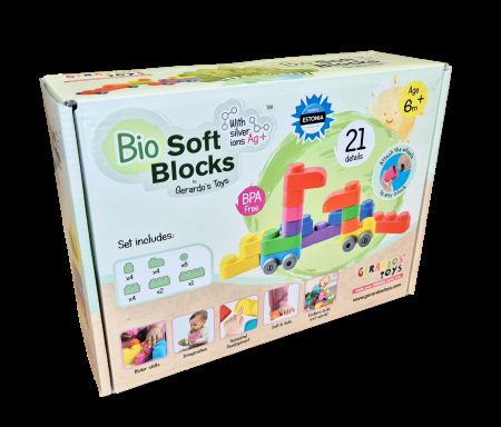 Set cuburi moi cu roti Bio Soft Blocks, 6 luni+, 21 piese, Gerardo's Toys 757251