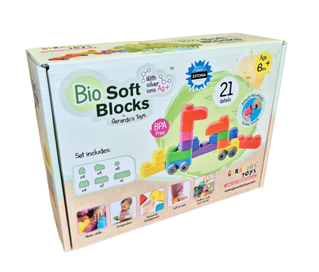 Set cuburi moi cu roti Soft Blocks, 6 luni+, 21 piese, Gerardo's Toys 757251