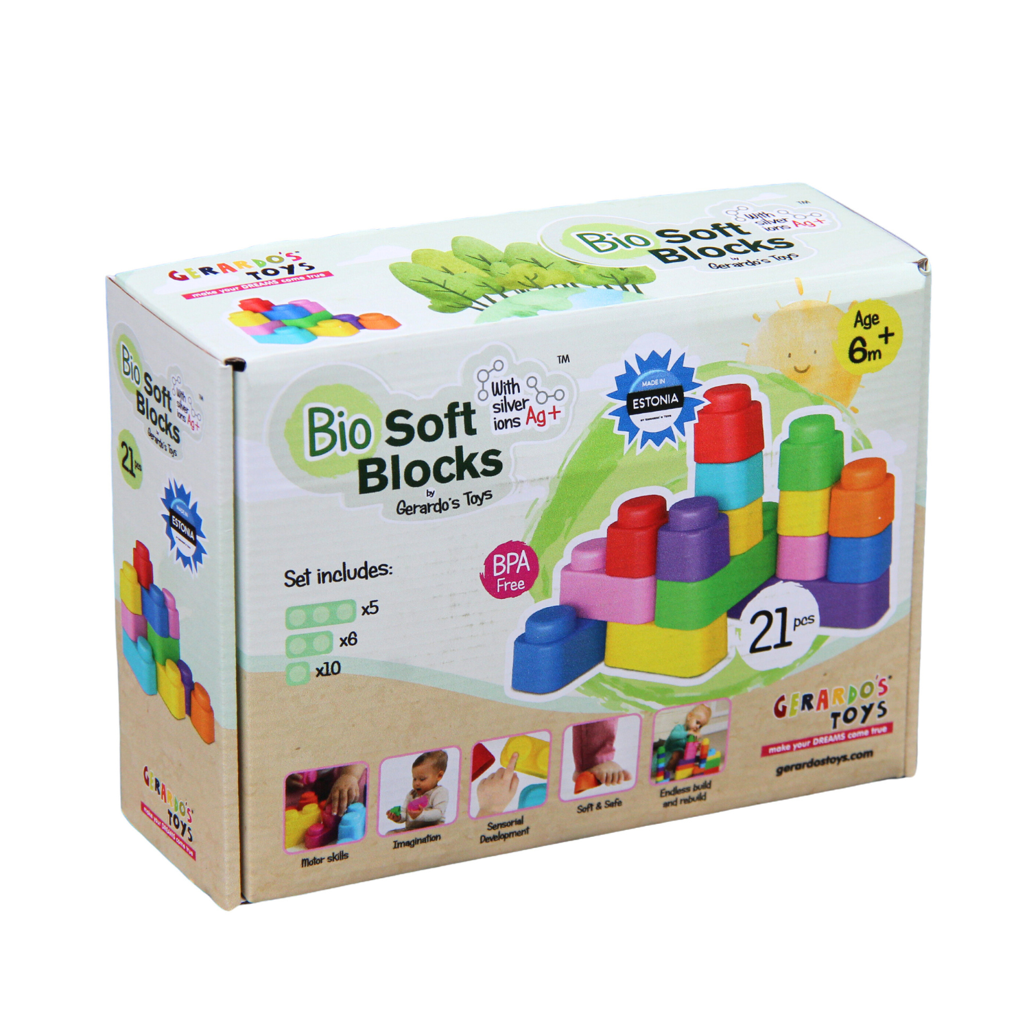 Set cuburi moi cu roti Bio Soft Blocks, 6 luni+, 21 piese, Gerardo's Toys