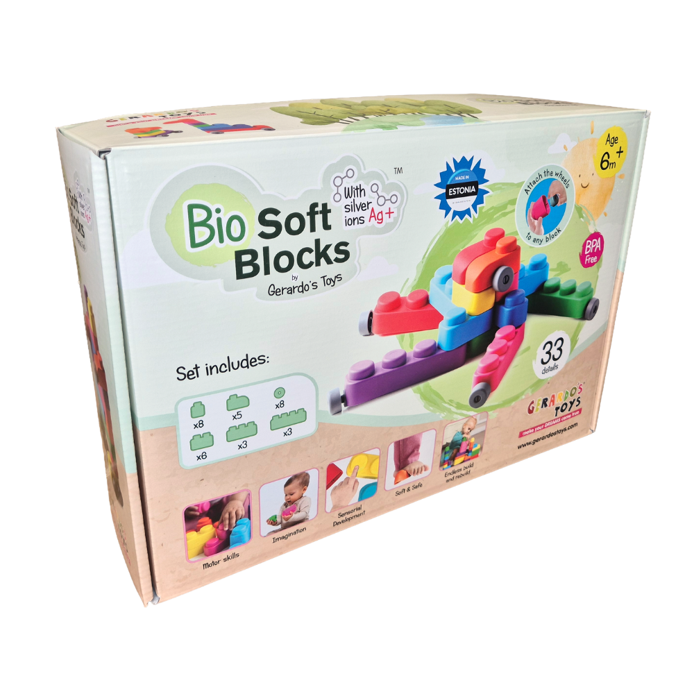 Set de constructie cuburi moi cu roti, 6 luni+, 33 piese, Gerardo's Toys