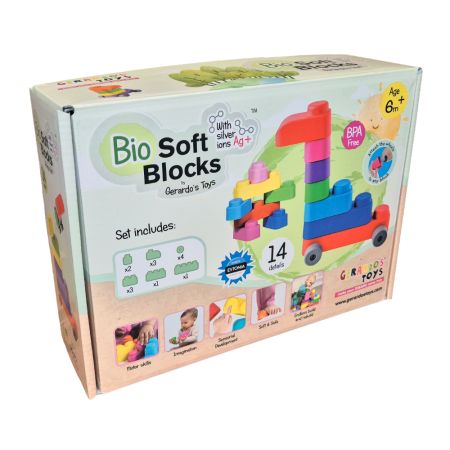Set de constructie blocuri moi cu roti, 6 luni+, 14 piese, Gerardo’s Toys