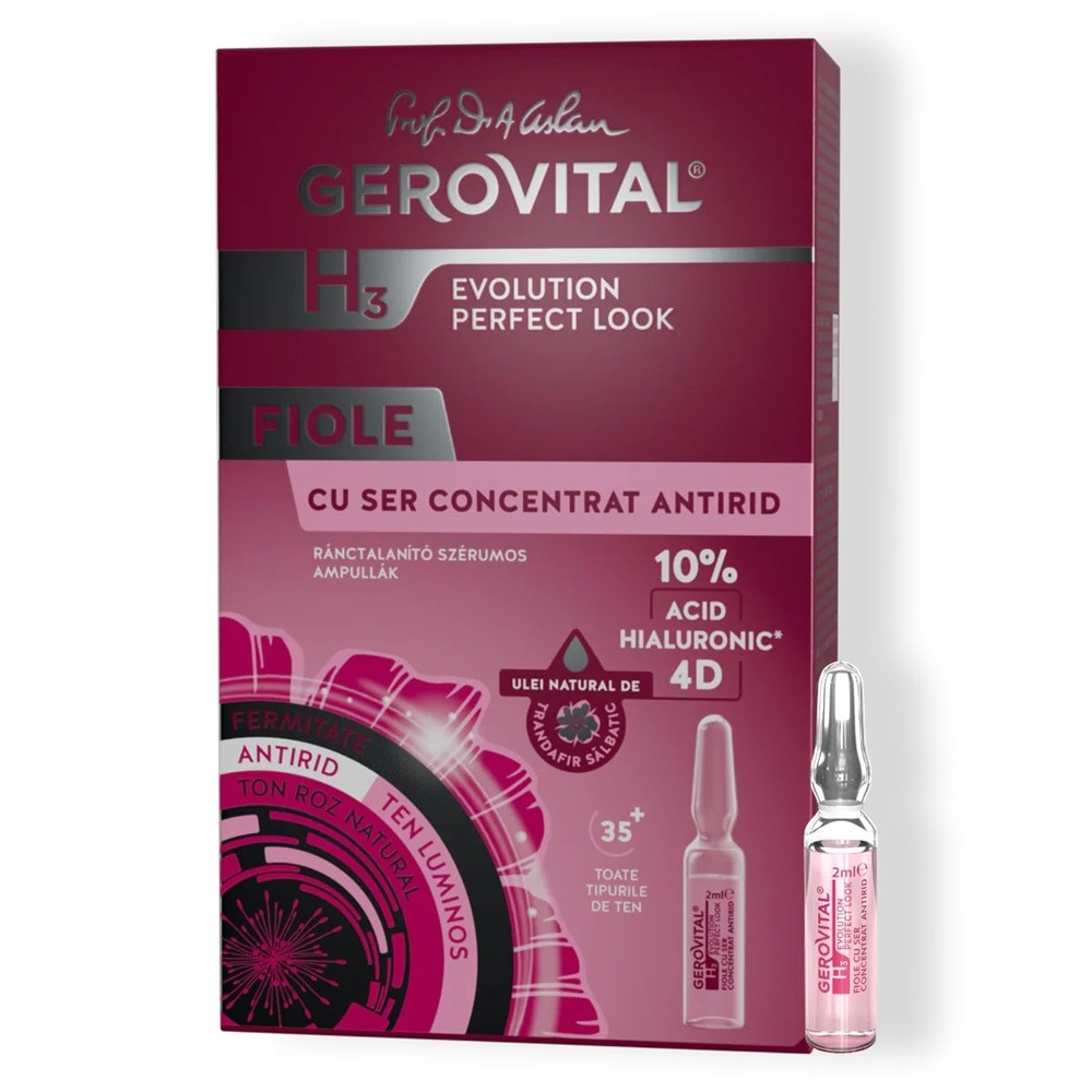 Fiole cu ser concentrat antirid si 10% Acid Hialuronic 4D H3 Evolution Perfect Look, 10 fiole x 2 ml, Gerovital