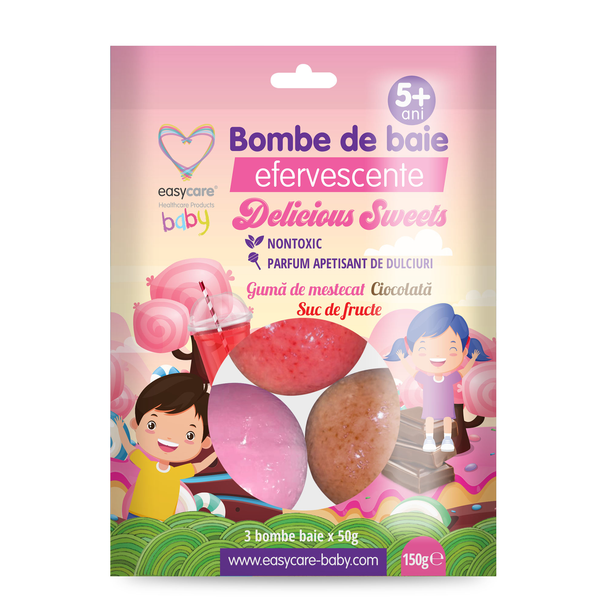 Bombe de baie efervescente pentru copii, Delicious Sweets, 3 bucati, EasyCare Baby