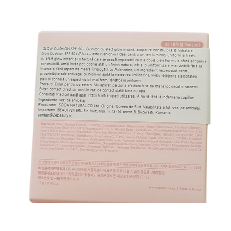 Fond de ten tip cushion SPF 50+/PA+++ Glow Cushion, 02 Natural, 13 g, Aperire 762516