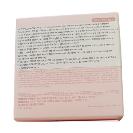 Fond de ten tip cushion SPF 50+/PA+++ Glow Cushion, 01 Light, 13 g, Aperire 762515