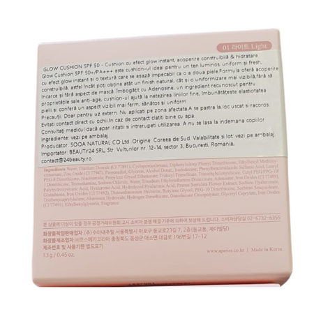 Fond de ten tip cushion SPF 50+/PA+++ Glow Cushion, 01 Light, 13 g, Aperire 762515