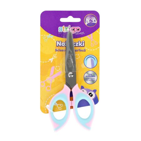 Foarfeca scolara din otel inoxidabil cu varf rotunjit si grip cauciucat, Roz si albastru, Strigo