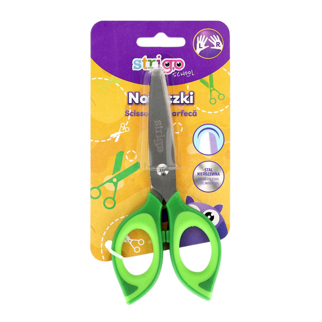 Foarfeca scolara din otel inoxidabil cu varf rotunjit si grip cauciucat, Verde, Strigo