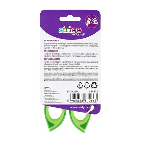 Foarfeca scolara din otel inoxidabil cu varf rotunjit si grip cauciucat, Verde, Strigo 760385