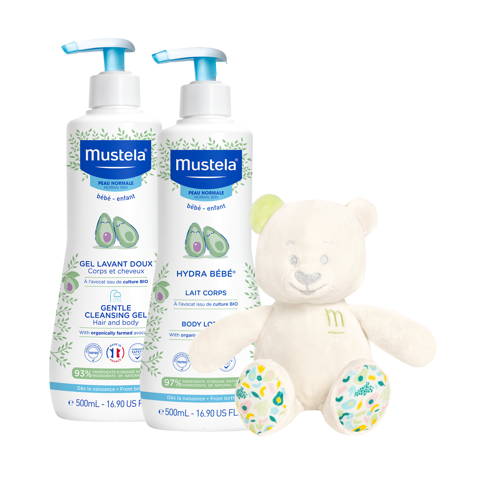 Pachet Gel de curatare delicat pentru par si corp si Lotiune de corp Hydra Bebe, 2 x 500 ml, Mustela