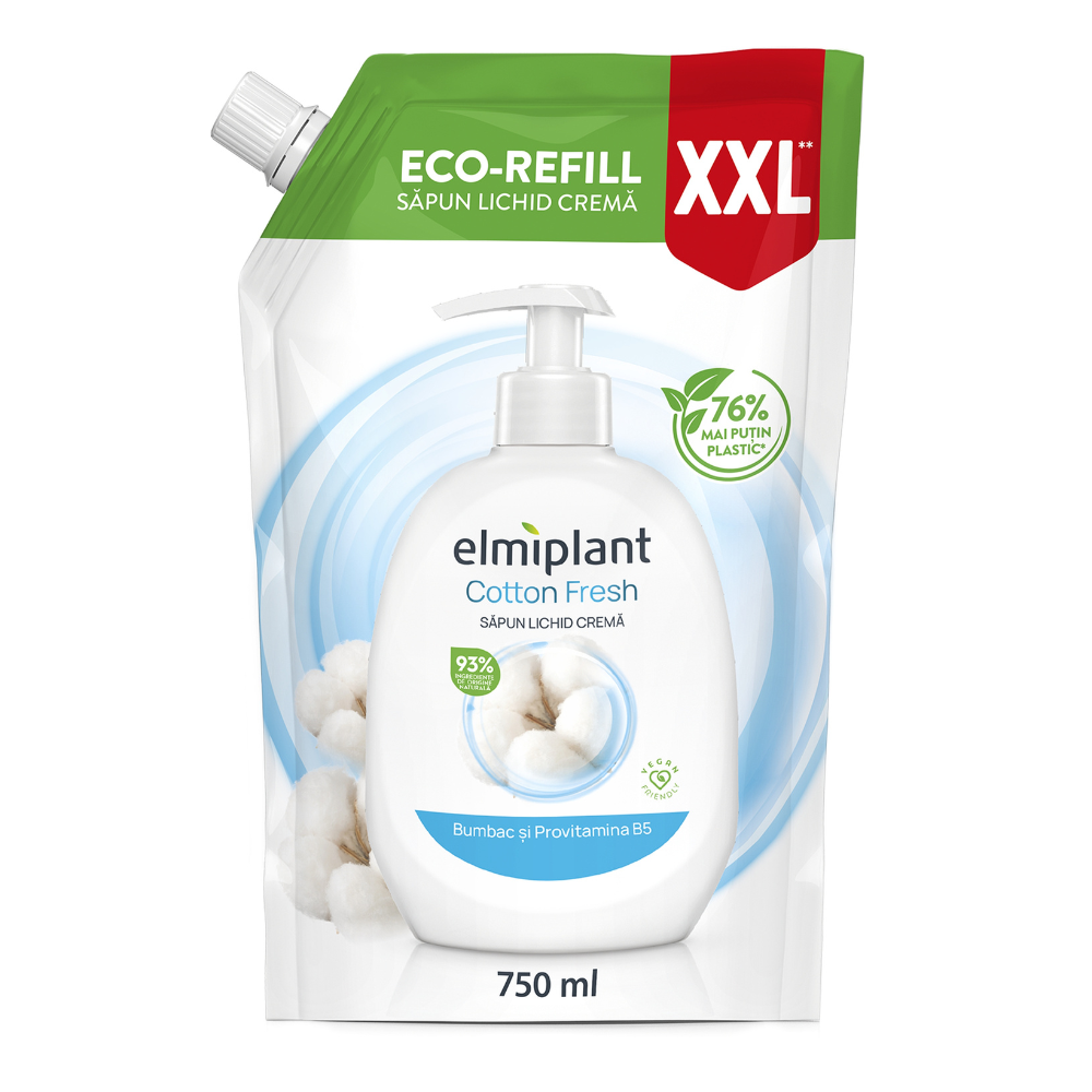 Rezerva sapun lichid crema Cotton Fresh, Lapte de bumbac si Provitamina B5, 750 ml, Elmiplant