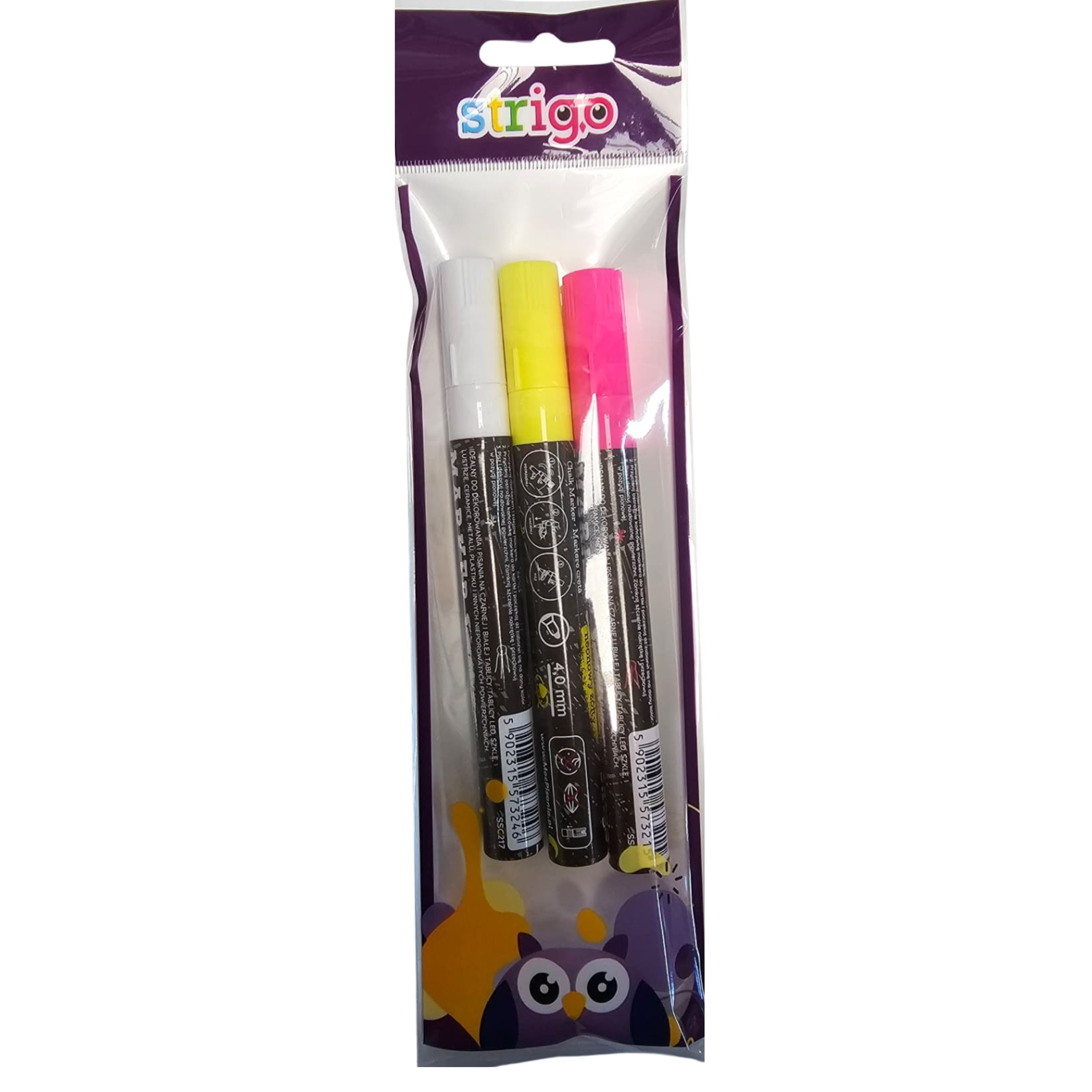 Set Markere creta cu varf rotund, Alb, Galben, Roz, 3 buc, Strigo