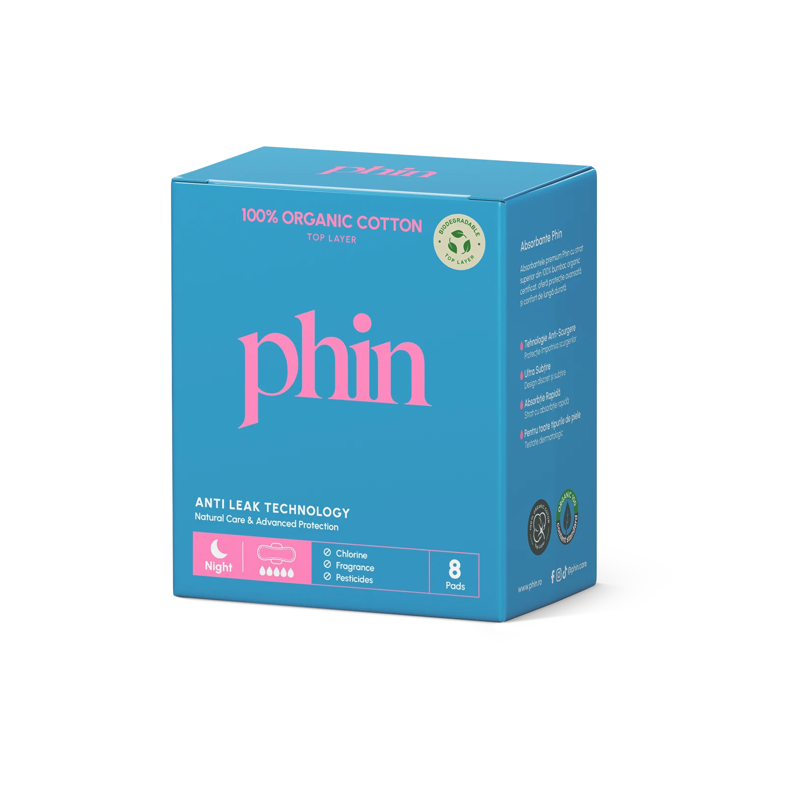 Absorbante de noapte din bumbac organic, 8 bucati, Phin