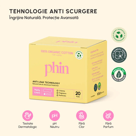 Absorbante zilnice bumbac organic, 20 bucati, Phin 761041