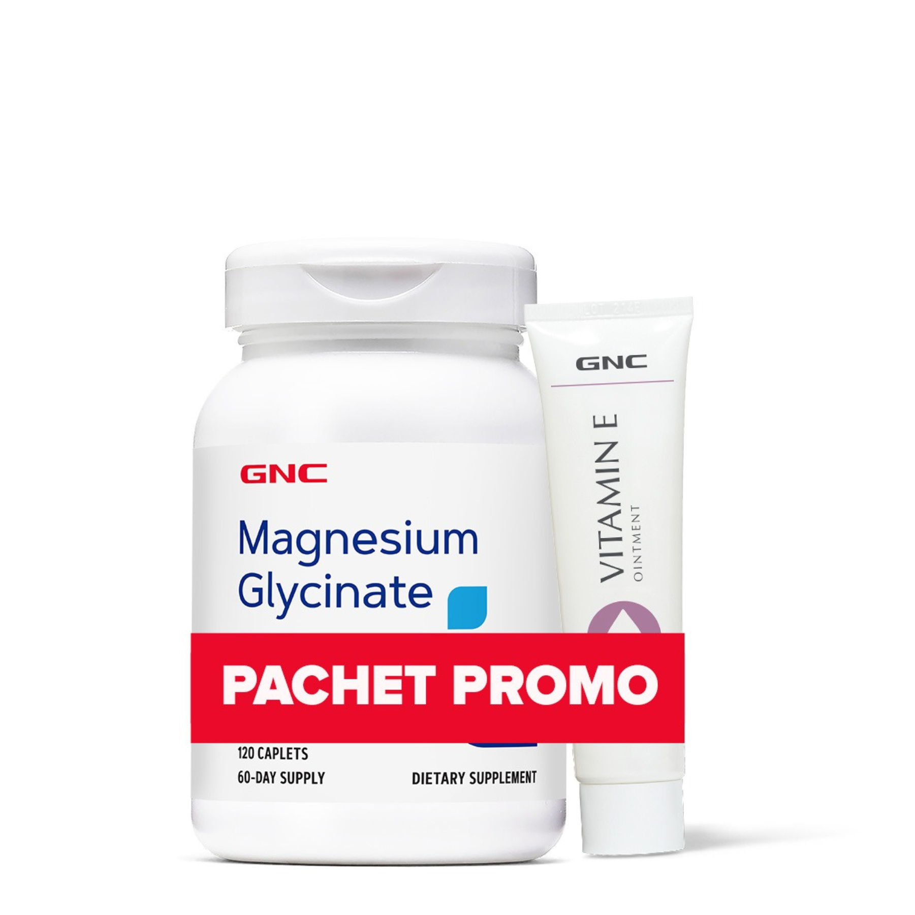 Pachet Magneziu Glicinat 200 mg + Unguent cu Vit E, 120 capsule +50 g, GNC