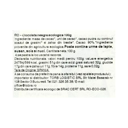 Ciocolata neagra ecologica cu 90% cacao, 100 g, Torras 763860
