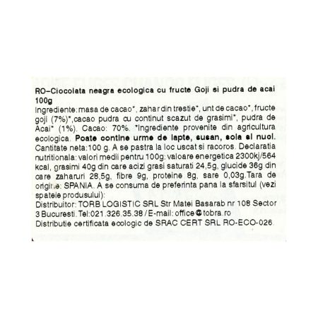Ciocolata neagra ecologica cu fructe goji si pudra acai, 100 g, Torras 763873