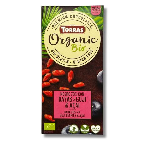 Ciocolata neagra ecologica cu fructe goji si pudra acai, 100 g, Torras