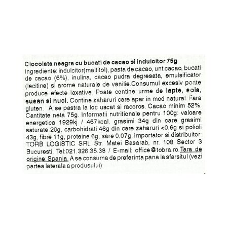 Ciocolata neagra cu bucati de cacao, 75 g, Torras 763991