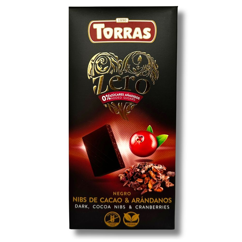 Ciocolata neagra cu bucati de cacao si merisoare, 125 g, Torras
