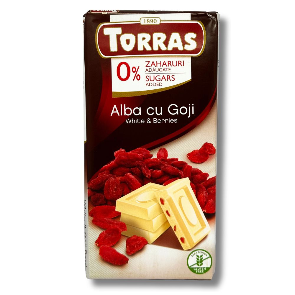 Ciocolata alba cu fructe goji, 75 g, Torras