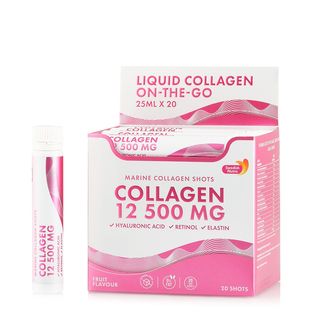 Colagen Marin Hidrolizat Lichid cu 12.500 mg + Acid Hialuronic 50 mg + Retinol 800 mcg + Elastina 10 mg, 20 fiole x 25 ml, Swedish Nutra
