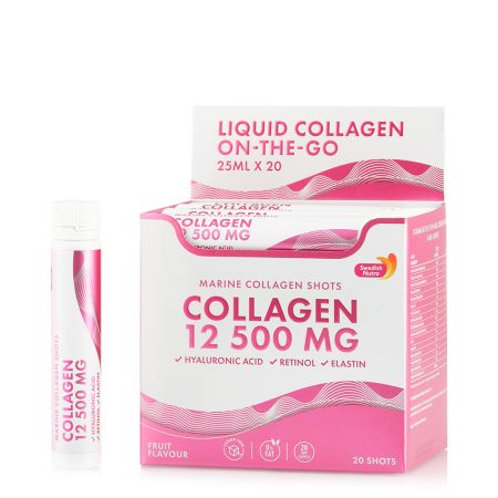 Colagen Marin Hidrolizat Lichid cu 12.500 mg + Acid Hialuronic 50 mg + Retinol 800 mcg + Elastina 10 mg, 20 fiole x 25 ml, Swedish Nutra