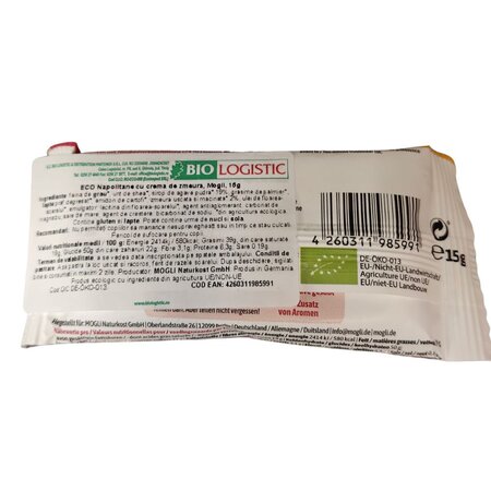 Napolitane Bio cu crema de zmeura, 15 g, Mogli 765287