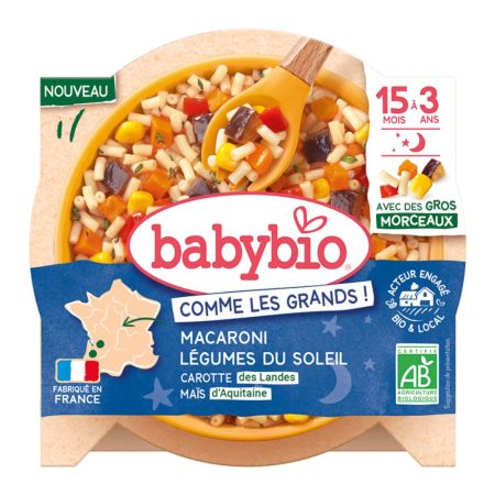 Meniu Bio cu morcovi, porumb si macaroane, 200 g, BabyBio