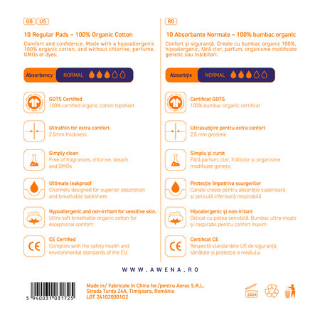 Absorbante din bumbac organic, 10 buc, Awena 767329