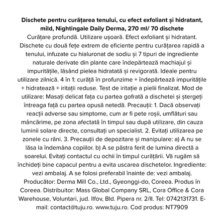 Dischete pentru curatarea tenului cu efect exfoliant si hidratant Daily Derma, 70 bucati, Nightingale 768849