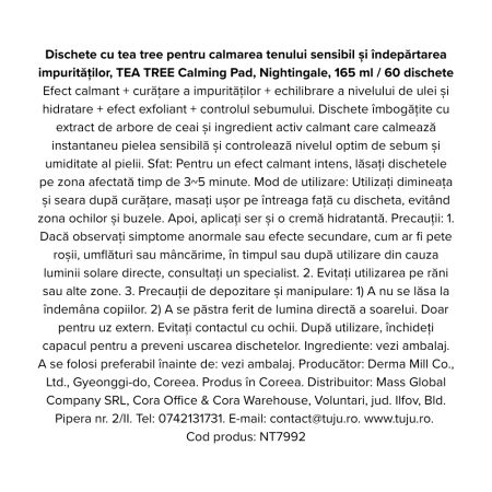 Dischete cu tea tree pentru calmarea tenului sensibil si indepartarea impuritatilor, 60 bucati, Nightingale 768852