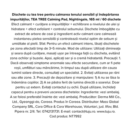 Dischete cu tea tree pentru calmarea tenului sensibil si indepartarea impuritatilor, 60 bucati, Nightingale 768852