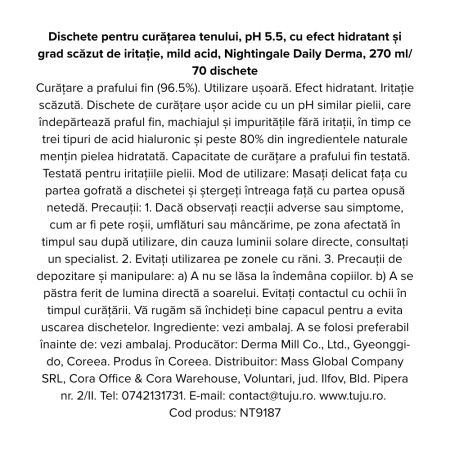 Dischete pentru curatarea tenului pH 5.5 cu efect hidratant Daily Derma, 70 bucati, Nightingale 768853