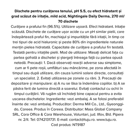 Dischete pentru curatarea tenului pH 5.5 cu efect hidratant Daily Derma, 70 bucati, Nightingale 768853